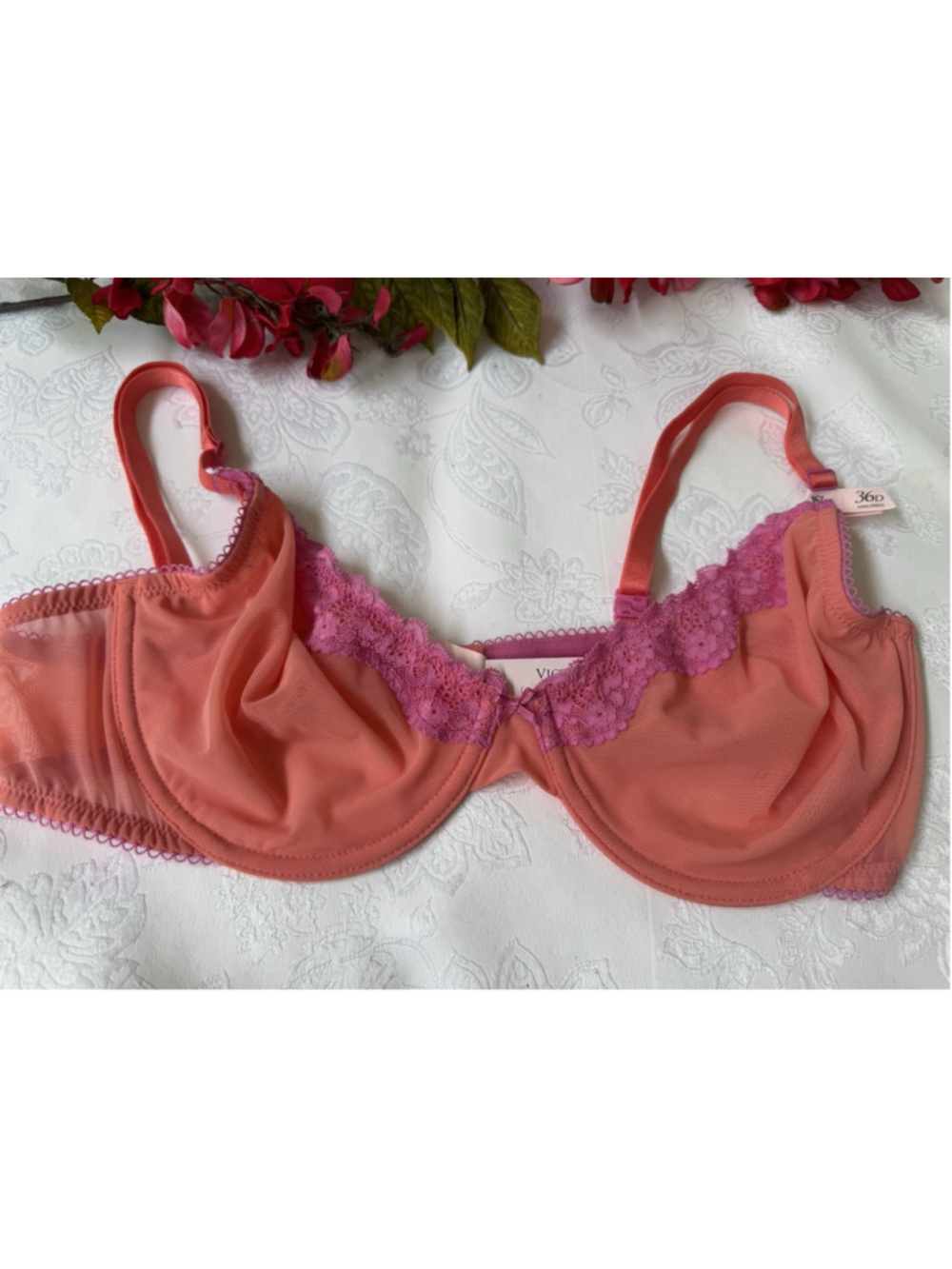 Victoria's Secret Pink Tease Sheer Mesh Unlined Demi Bra Pink Lace Trim 36D NEW